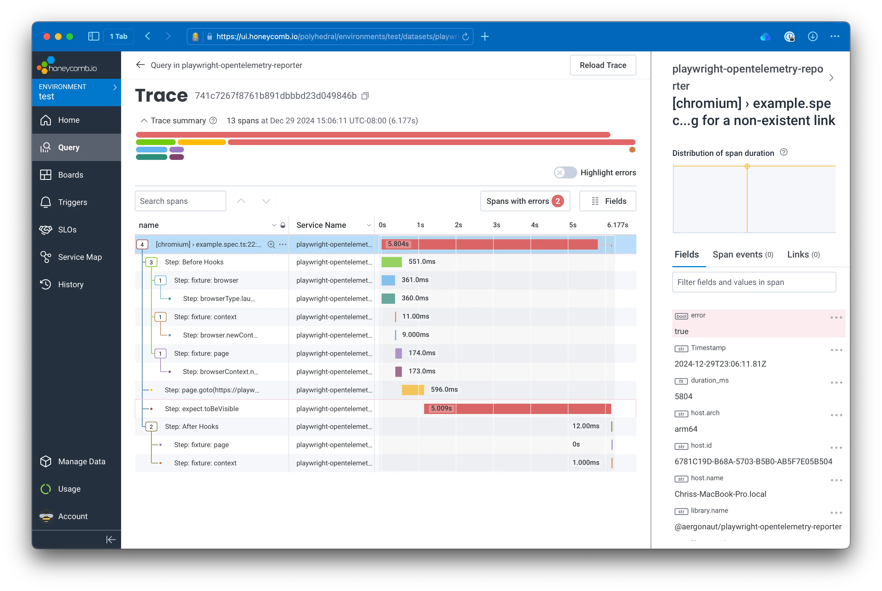 Playwright traces visualized in the Honeycomb UI